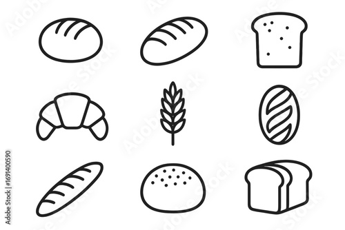 Set of bread and bakery line icons. Includes loaf, toast, croissant, baguette, bun, and wheat ear. Food symbols for bakery shop, menu, web design. Pastry, dough, gluten concept.