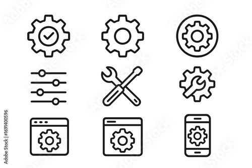 Settings icons set with editable stroke, perfect for websites, apps, books, and cards. Vector cartoon illustration with tool, gear, wrench, and adjustment symbols on transparent background.