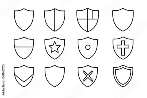 Shield outline simple linear icons collection, editable stroke vector set with shield shapes, star, cross, checkmark, perfect for web, apps, cards, books design elements