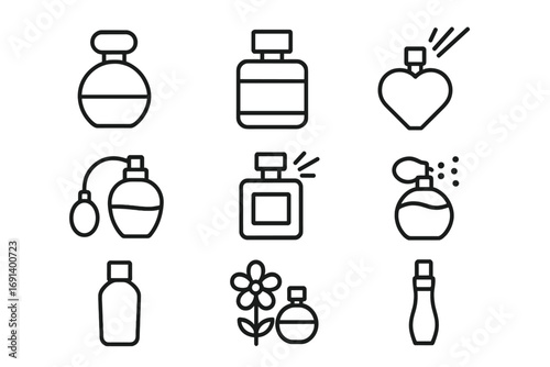 Perfume bottle line icon set. Fragrance, scent, and cologne outline pictograms. Beauty and cosmetic product symbols for web, apps, graphic design, ui, ux. Vector illustration.