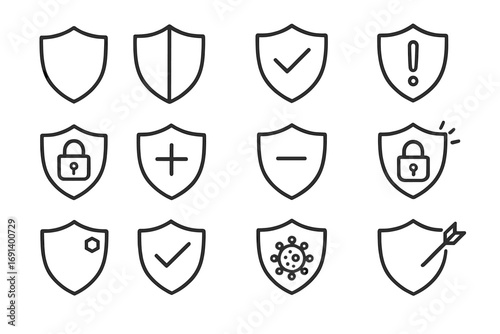 Shield icon set with editable stroke, security protection symbols, lock and checkmark signs, medical and alert icons, vector cartoon illustration for web, apps, cards, books