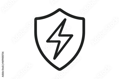 Shield icon with lightning bolt, simple energy protection symbol, electric power safety concept, minimalistic vector graphic for apps, technology and security design, transparent background