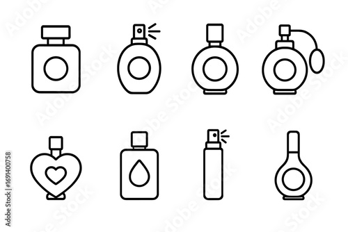 Perfume bottles line icon set. Fragrance and scent symbols. Eau de parfum and cologne spray containers. Beauty and cosmetics outline vector pictograms for web and apps.