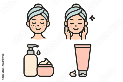 Skincare routine icons set with cleansing cream, moisturizer bottle, facial treatment, glowing skin face, beauty care, cosmetic vector illustration