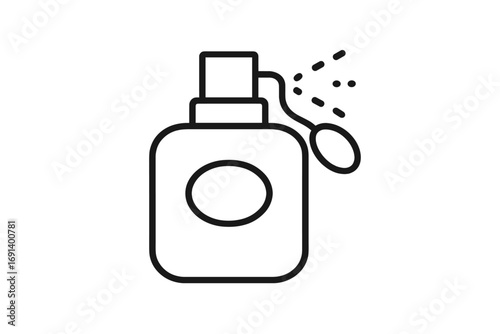 Perfume bottle line icon with vintage atomizer spray. Simple linear pictogram of fragrance. Minimalistic vector for web design. Beauty, cosmetics, scent, aroma symbol.