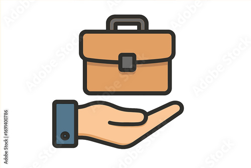 Business briefcase icon above outstretched hand, concept of career support, professional services, job offers, employment opportunities, vector cartoon illustration, transparent background