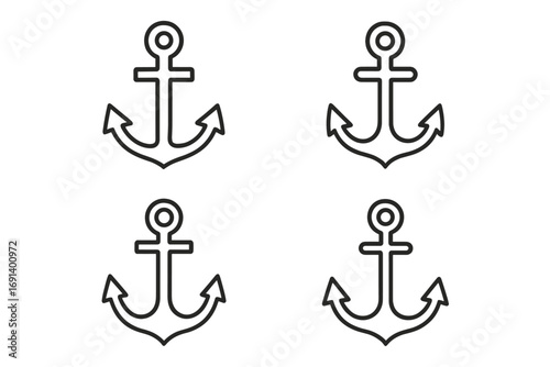 Anchor icon set, nautical marine symbol collection. Outline vector illustration for boat, ship, and sea travel concepts. Simple line art logo for navy or sailor theme design.