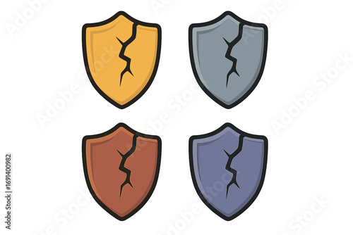 Symbol of cracked shield, broken protection concept, damaged defense icon, security vulnerability illustration, vector cartoon style with transparent background, set of four colored shields