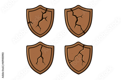 Cracked shield symbol set, broken defense concept, security breach illustration, damage protection icon, vector cartoon graphics, transparent background, digital security vulnerability design