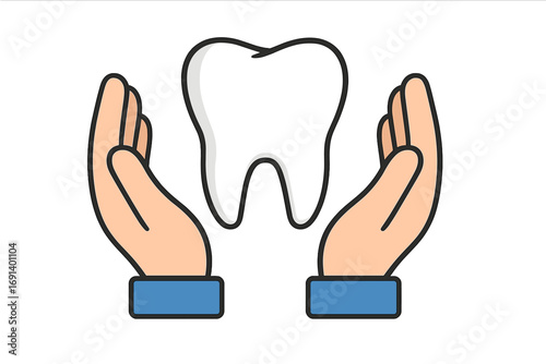 Protective hands holding white healthy tooth symbol isolated. Dental care concept. Oral hygiene icon, teeth health illustration for websites, apps, books, cards.