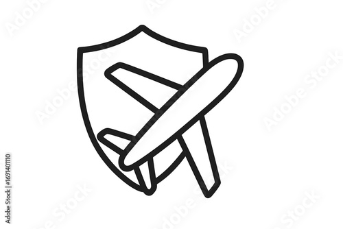 Minimalistic airplane shield icon symbolizing aviation safety and protection, vector cartoon illustration for web, apps, banners, social media, and graphic design