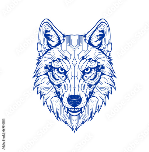 Futuristic cybernetic wolf head roaring with technological detail