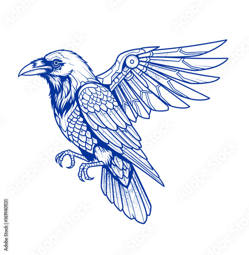 Intricate mechanical raven soaring with detailed wings and sharp talons