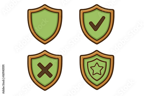 Security shield icons set with check mark, cross, star, and blank design. Protection concept, safety, verification, rejection, and quality symbol. Vector cartoon illustration for design