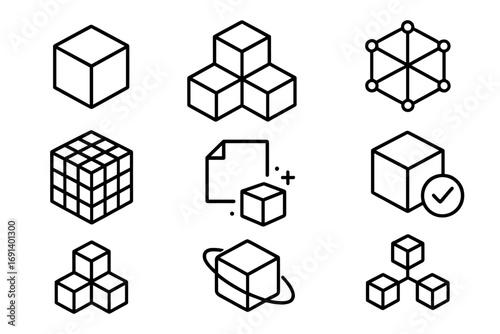 Isometric cubes and blocks vector icon collection. Line symbols for data, network, blockchain technology, and modular systems. Add, approve, rotate concepts. Editable stroke.