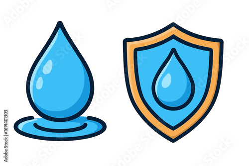 Water drop and shield icon set, water protection symbol, liquid drop cartoon illustration, graphic design element for websites, cards, books, articles, isolated vector collection