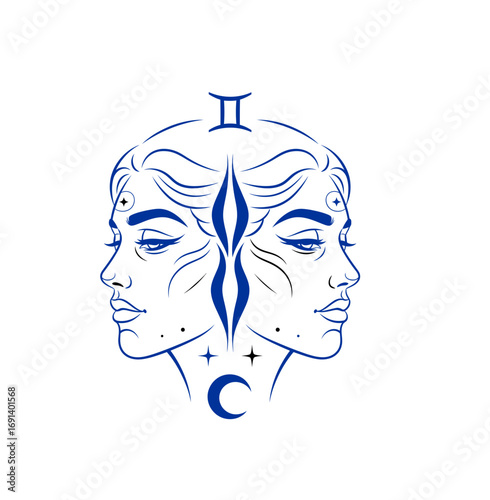 Mystical Gemini duality portrait with celestial moon and stars