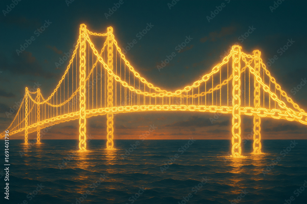 Fototapeta premium Golden Suspension Bridge at Night