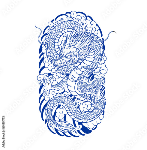 Majestic blue dragon coiled amidst swirling clouds and waves