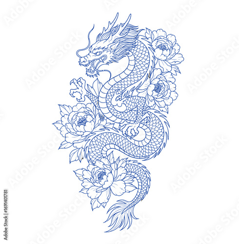 Elegant dragon entwined with blooming peonies intricate line art