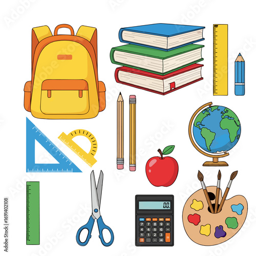 Colorful vector set of school supplies including pencils, books, rulers, and backpack, clean flat style, grouped and editable on white background.