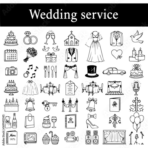 Hand-Drawn Wedding Service Icon Set: Essential Outline Doodle Elements for Celebration Planning, Featuring Cakes, Rings, Dress, Car, Decor, Music  More