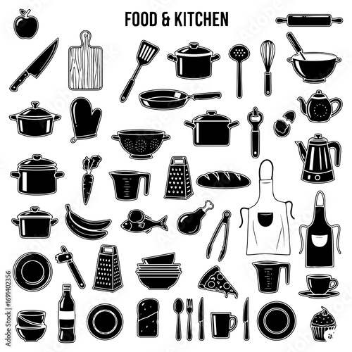 Comprehensive black and white icon set featuring various kitchen utensils, cooking tools, food items, and meal preparation essentials for culinary themes.