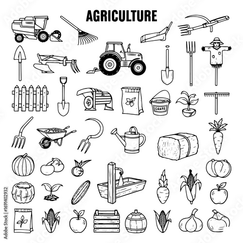 Hand-Drawn Agriculture Icon Set: Farm Machinery, Garden Tools, Harvested Produce, Fruits, and Vegetables Illustrations Collection