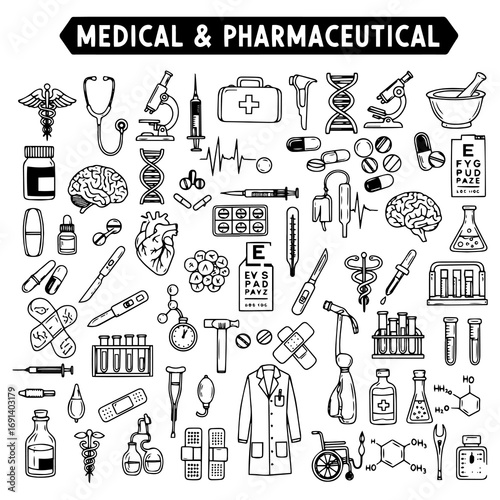 Hand-drawn Doodle Icons: Medical  Pharmaceutical Supplies, Healthcare Equipment, and Scientific Symbols Collection for Health Design
