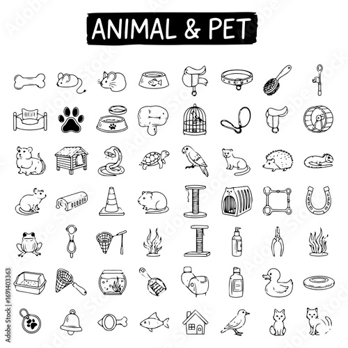 Cute hand-drawn doodle vector icons featuring various animals like cats, dogs, birds, fish, and their essential pet supplies, accessories, and grooming items in a sketch style.