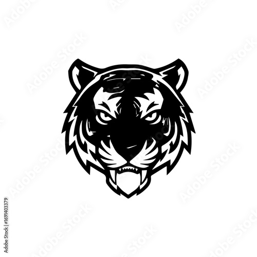 A black and white graphic of a tigers head stylized with sharp pointed fur and an intense expression