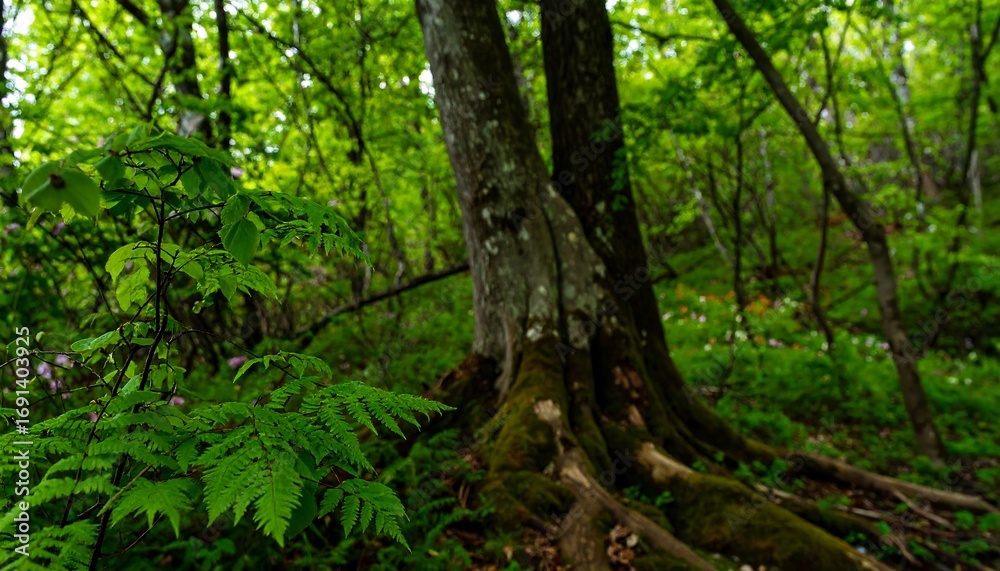 Naklejka premium Lush forest floor with vibrant greenery