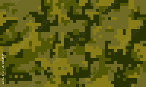 Abstract pixelated camouflage pattern in olive and khaki greens.  Ideal for backgrounds, textures, or militarythemed designs.  Conveys themes of concealment, strategy, and modern warfare.