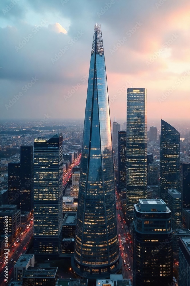 Obraz premium Sleek modern skyscrapers dominate the London financial district skyline, a breathtaking view of architectural prowess and bustling commerce , london, sun, corporate