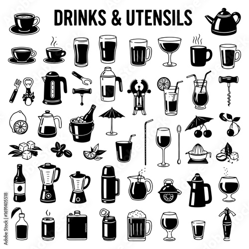 Extensive Black  White Icon Set: Drinks, Beverages, Drinkware, Bar Tools, and Kitchen Utensils for Preparation  Serving