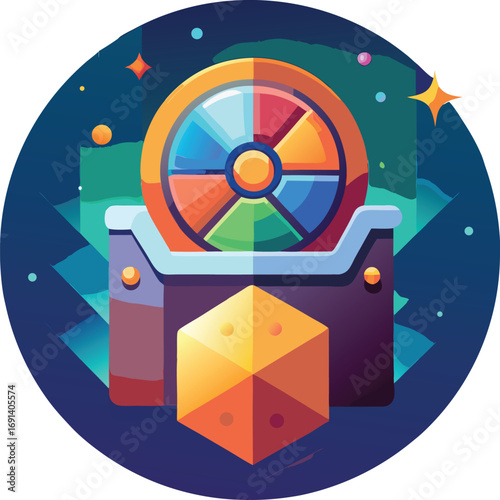 Smooth gradient colorful icon of a random toggle with glowing lottery wheel, data chart, and loot chest.
