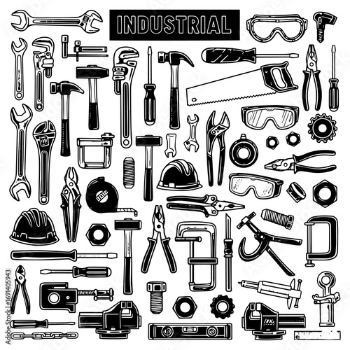 Comprehensive vector set of industrial and construction tools: hammers, wrenches, saws, pliers, screwdrivers, safety goggles, and various hardware equipment.