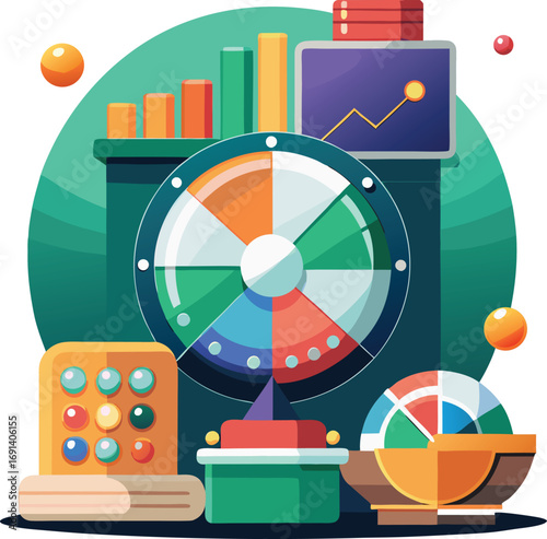 Flat colourful icon of a random config toggle beside a spinning lottery ball, chart stats, and gaming loot box.