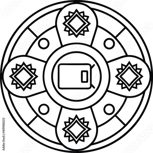 Mandala circular icon with toggle, lottery ticket, generative art, chart, and loot box repeating.