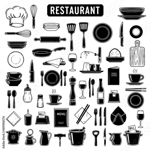 Black and White Restaurant and Kitchen Icons: Utensils, Cookware, and Dining Essentials Collection