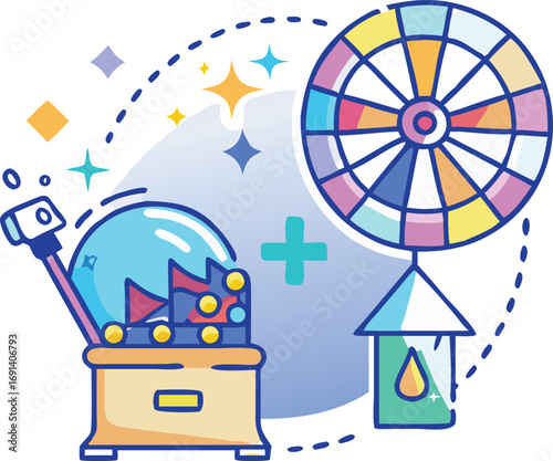 Magical fantasy icon of a toggle glowing, spinning raffle wheel, generative art sparkles, data chart, and floating loot chest.