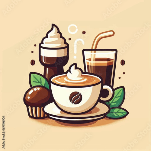 Coffeethemed illustration with a coffee cup chocolate muffin coffee dispenser and iced coffee