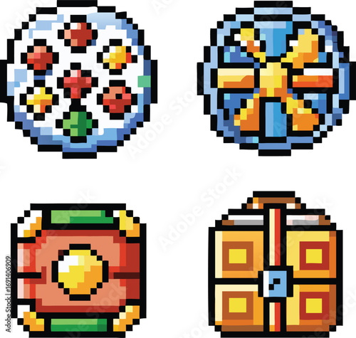 Pixel art icons of random toggle, lottery wheel, chart, and loot chest in 8-bit retro style.
