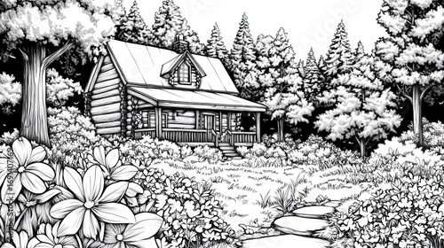 Monochrome cabin in forest