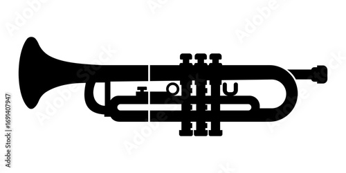 Silhouette illustration of a trumpet musical instrument on white background.