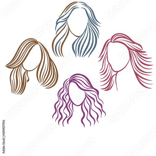 Women hairstyles set in vector line style, brown, blue, red and purple colors, beauty and fashion illustration with space to copy