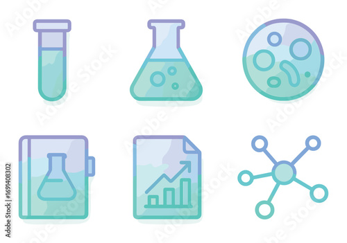 Science lab flat icons set. test tube, flask, petri dish, notebook, chart, molecule.