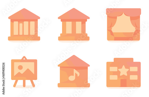 Art and culture silhouette icon set. featuring museum, gallery, theater, easel, music, and star building..