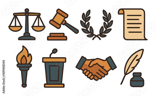 Law and justice flat icon set. featuring scales, gavel, laurel, contract, torch, podium, handshake, quill.