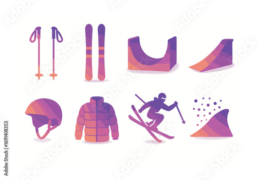 Winter sports gradient silhouette icon set. featuring skiing, ski poles, snowboard, helmet, and snow.